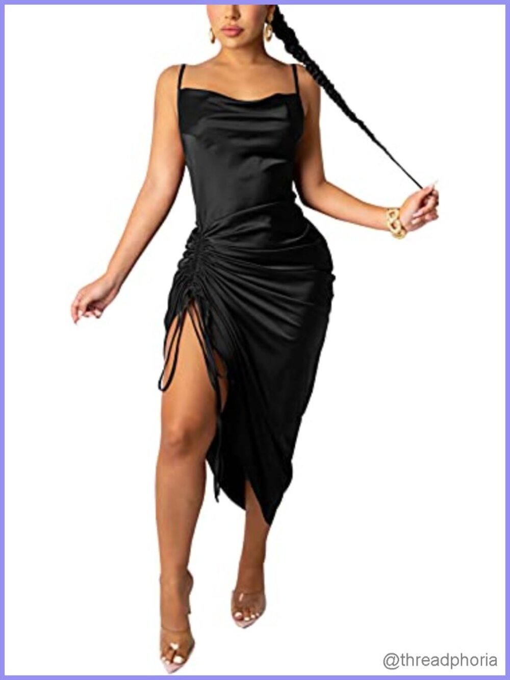 Satin Spaghetti Strap Bodycon Dress Drawstring Ruched Split Hem Backless Party